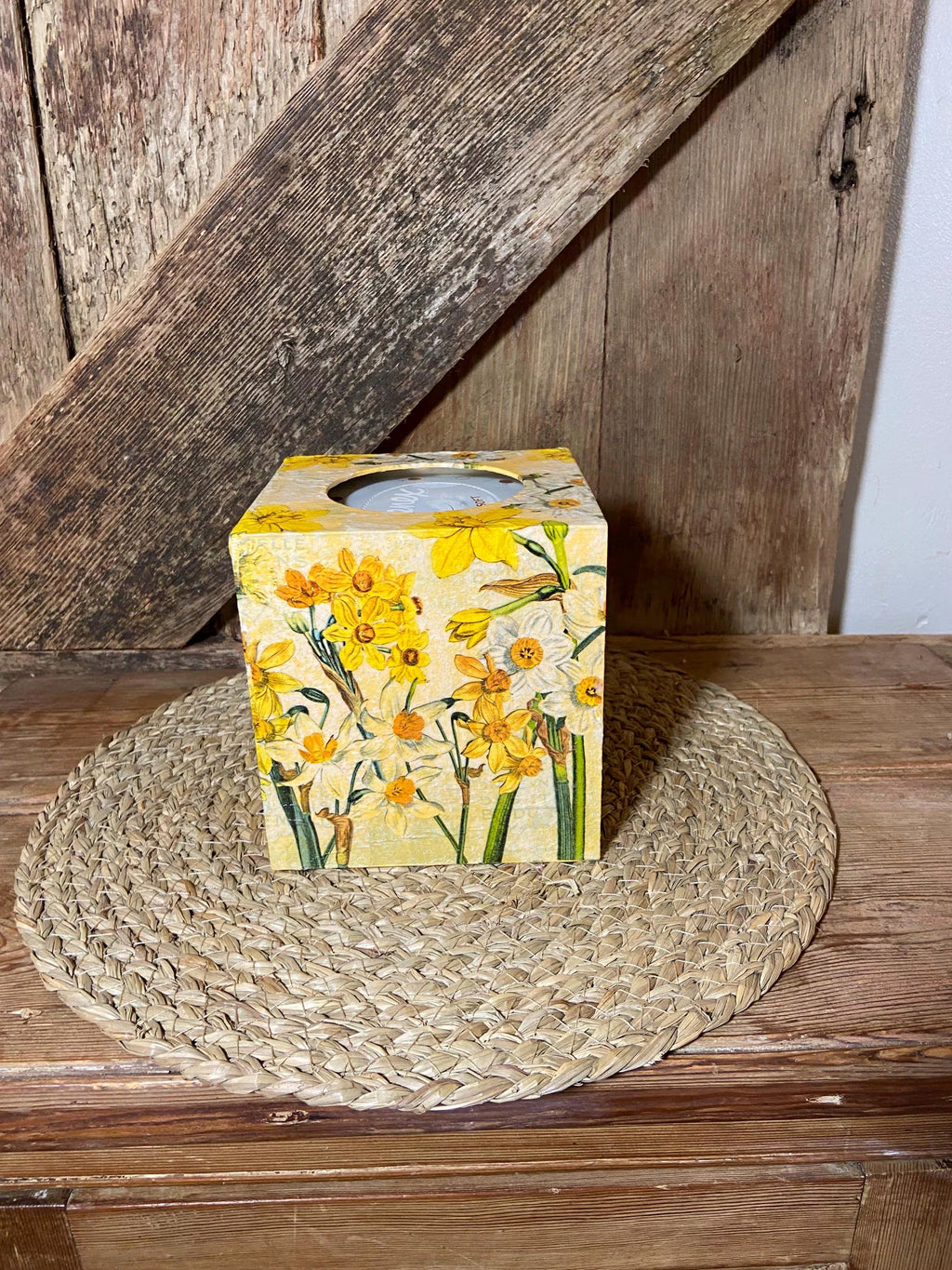 side shot tissue box daffodil yellow wooden cottage core home decor vintage floral mothers day birthday