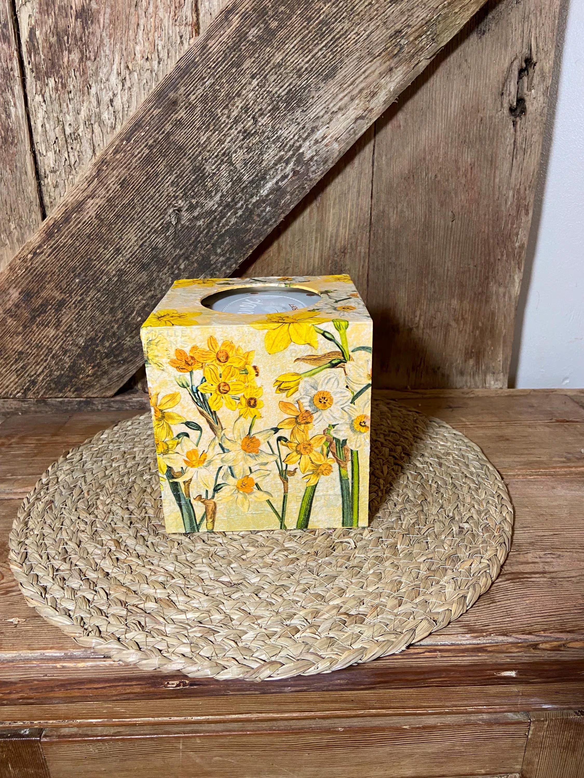 side shot tissue box daffodil yellow wooden cottage core home decor vintage floral mothers day birthday