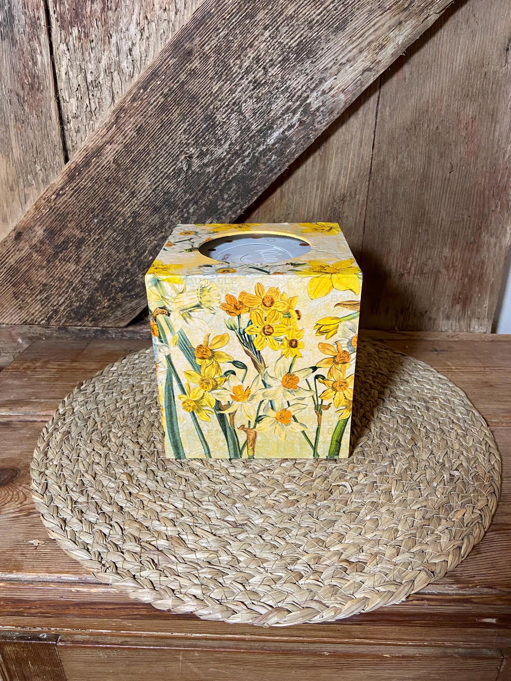 side shot wooden daffodil tissue box yellow cottage core home decor vintage floral mothers day birthday