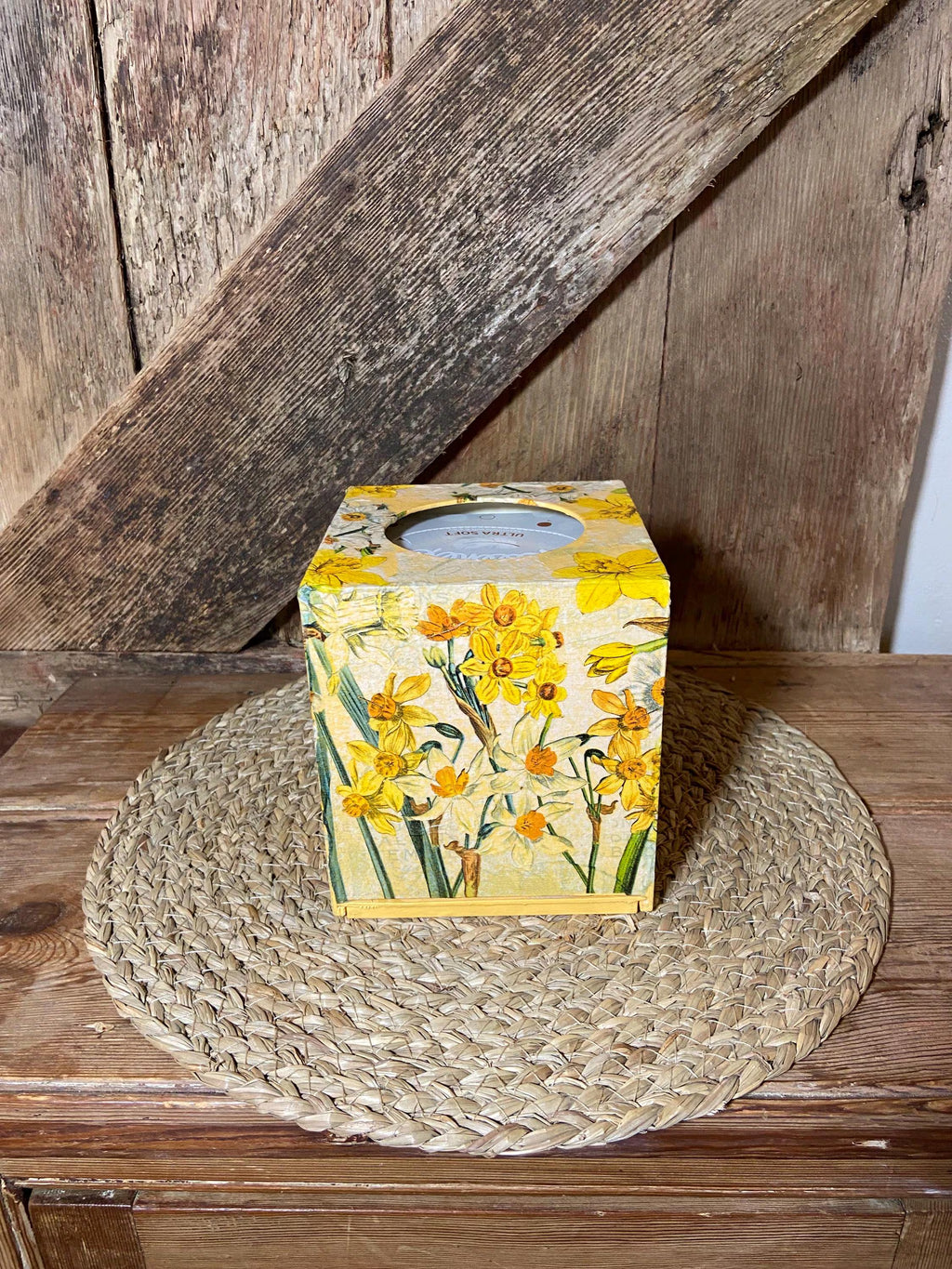 back shot daffodil wooden tissue box yellow cottage core home decor vintage floral mothers day birthday
