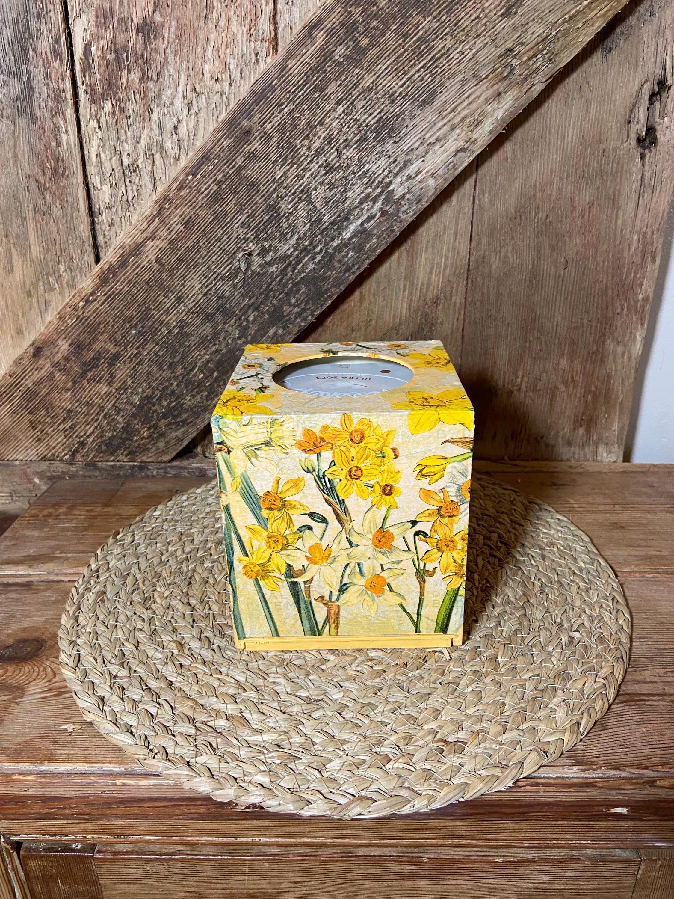 back shot daffodil wooden tissue box yellow cottage core home decor vintage floral mothers day birthday