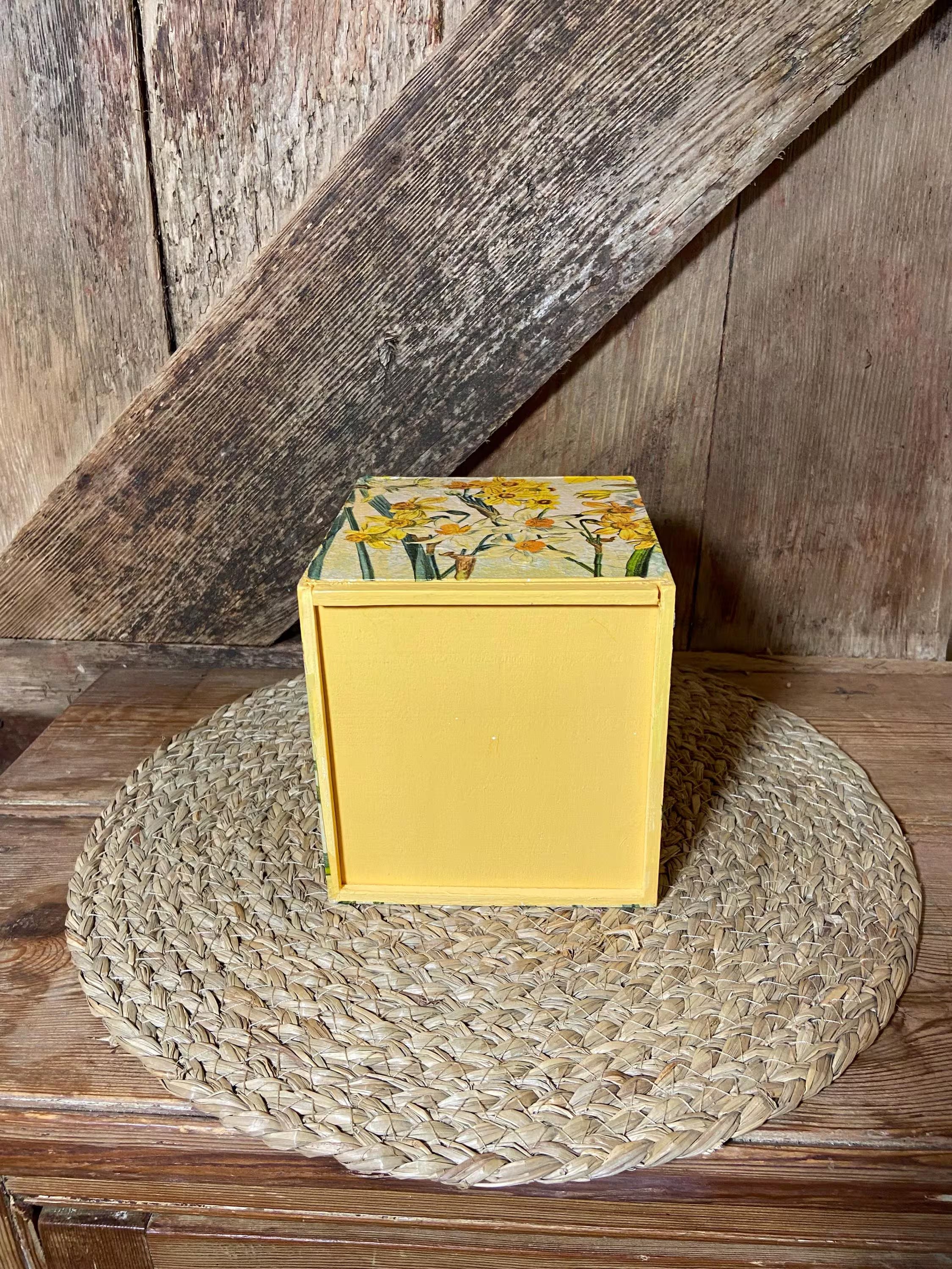 bottom shot wooden tissue box daffodil yellow cottage core home decor vintage floral mothers day birthday