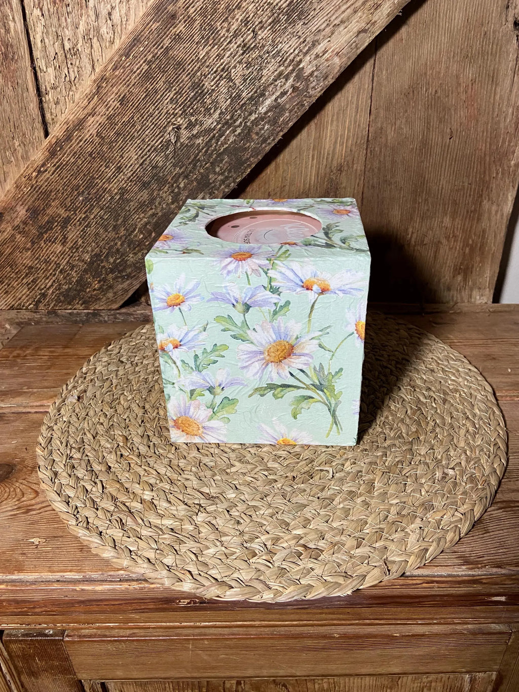 green white daisy wooden tissue box cottage core home decor vintage floral mothers day birthday side shot