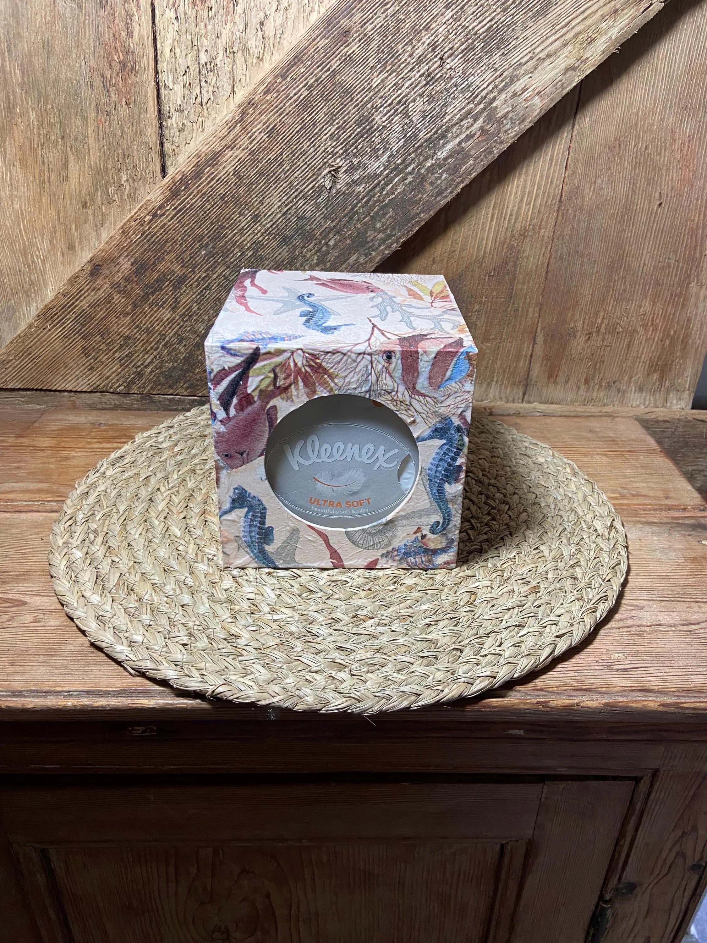cream fish sea horse seaweed starfish top shot tissue box cottage core home decor vintage floral mothers day birthday cream