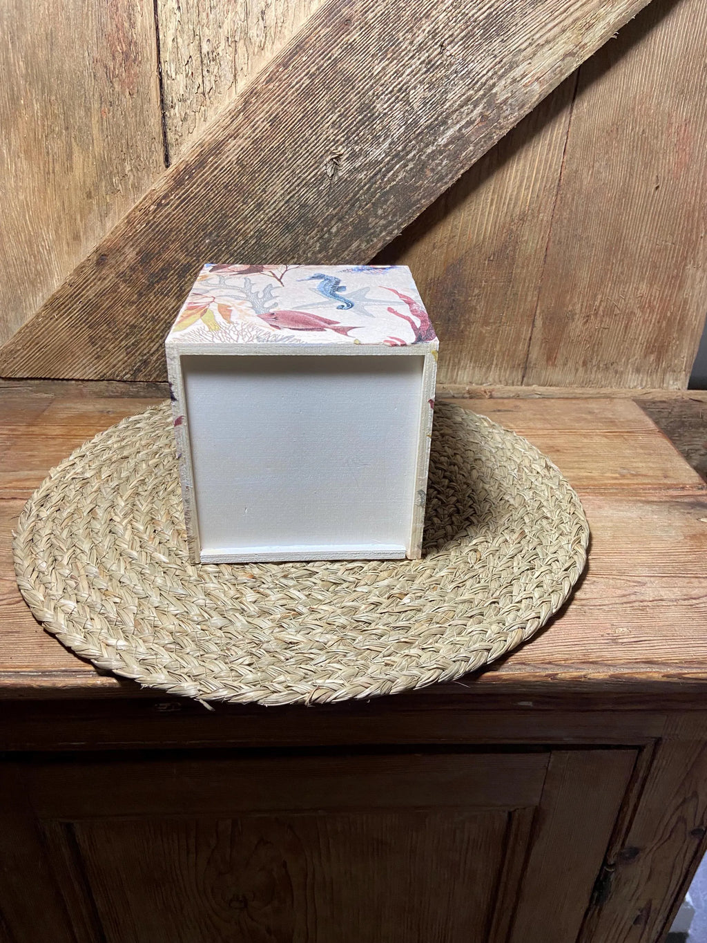 bottom shot tissue box fish sea horse seaweed starfish cottage core home decor vintage floral mothers day birthday cream